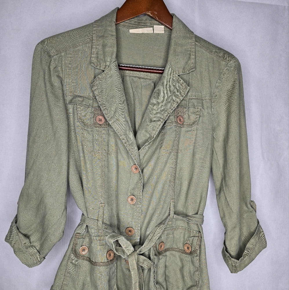 DKNY Jacket Drab Olive Green Lightweight 100% Linen 3/4 Sleeve Belted XL